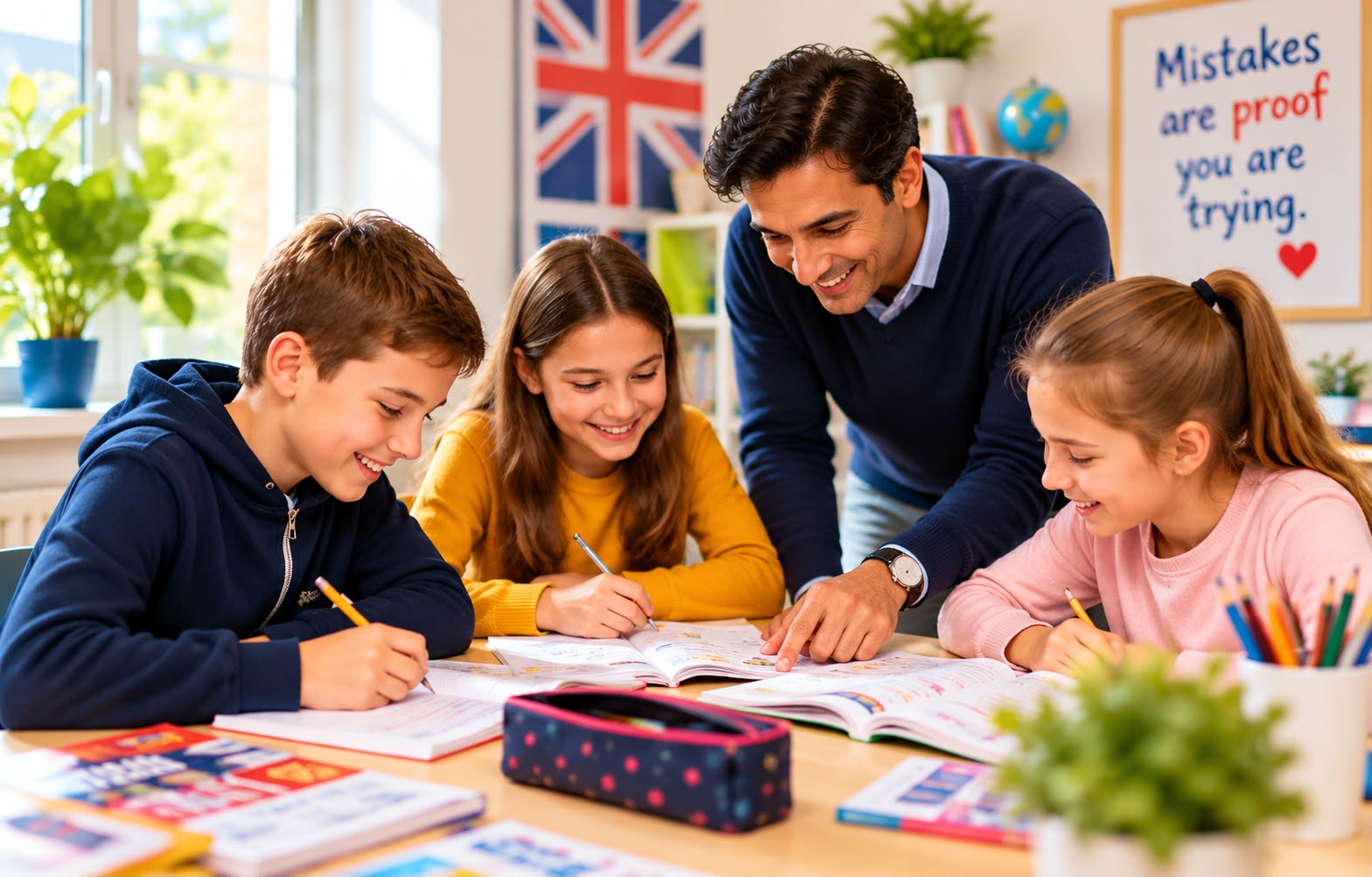 An English teacher working with students at a table